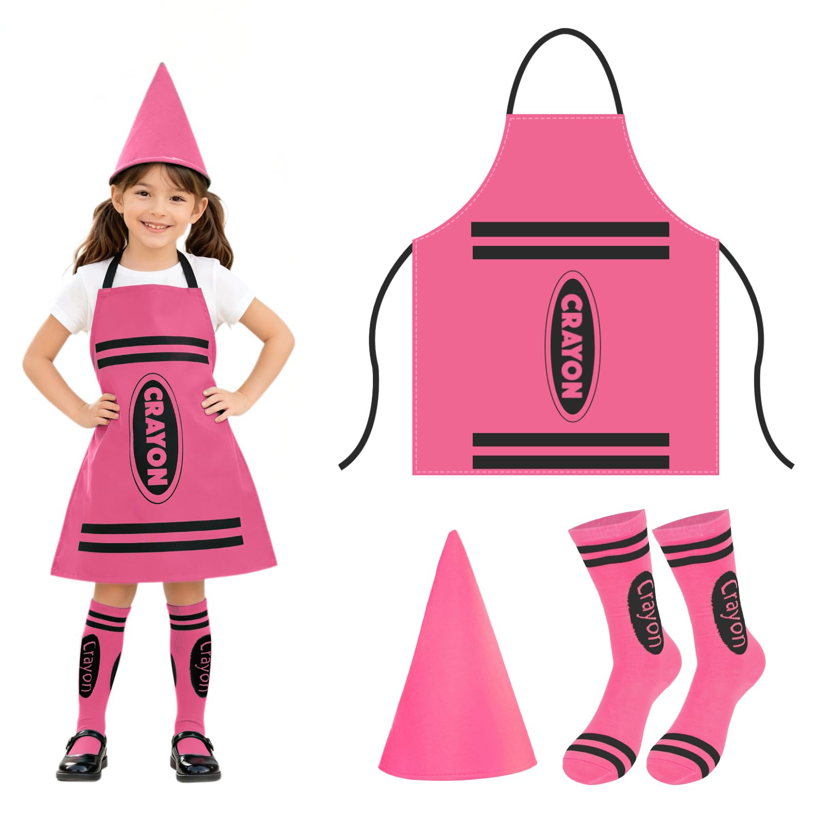 Crayon Costume Kids 3Pcs,Girls Boys Halloween Costume With Crayon Apron,Funny Cone Hat And Striped Socks,Colorful Crayon Fancy Dress For World Book Day,Halloween Party Group Cosplay Outfits (Pink)