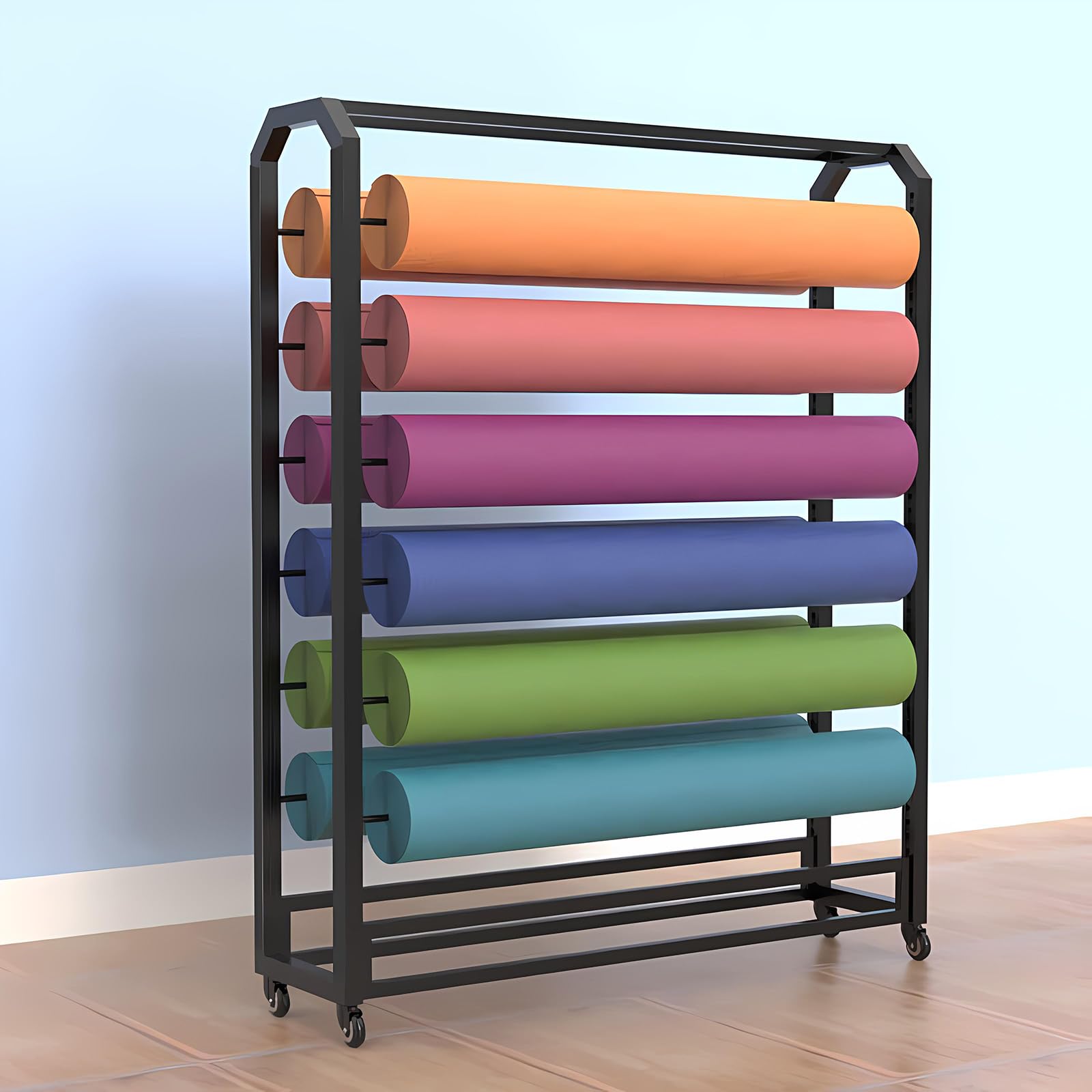 Commercial Fabric Roll Storage Rack with Adjustable Rod Brakeable Wheels, Movable Heavy Duty Steel Display Rack for Fabric Roll/Wallpaper/Tablecloth/Wrapper Organizer (12 Rods)