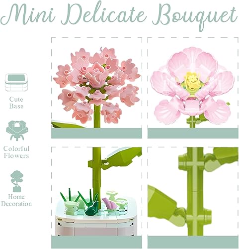 Miniatura 6 de Juego de construcción de ramo de flores con base, clavel rosa, plantas artificiales, bloques de construcción para decoración de oficina en casa,