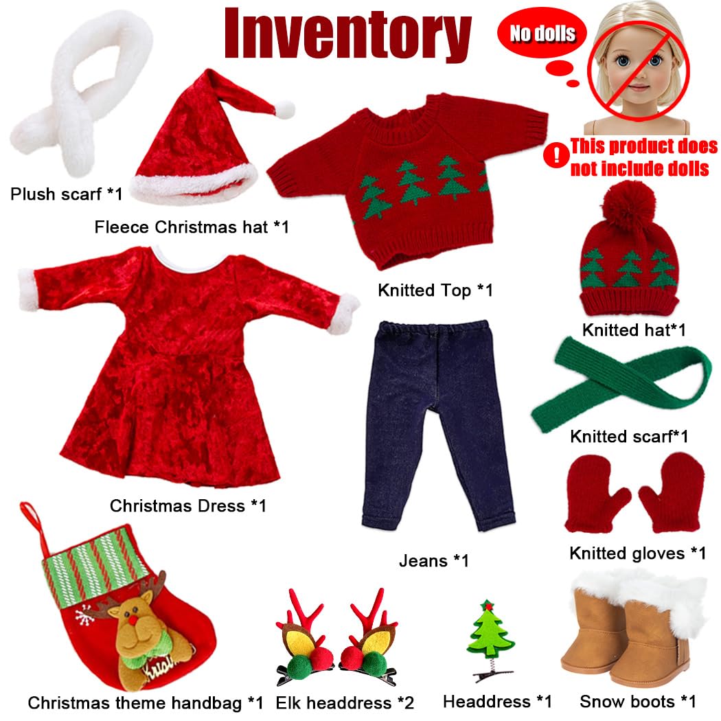 Ebuddy Doll Clothes & Accessories - Christmas Santa Costume Set for 17 & 18 Inch Dolls, Including Xmas Tree Sweater Set