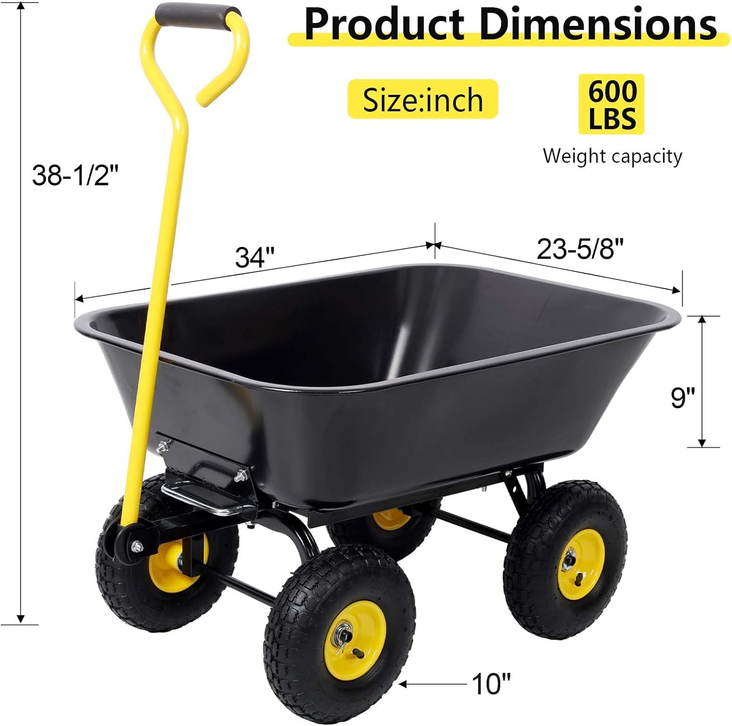 Metal Dumping Cart 600lb, Garden Cart Utility Yard Cart with Handle and 10 Inch Tires, Dump Wagon, 180° Pivot Steering, for Lawn, Gardening, Construction Garden, Yard, Beach,Black