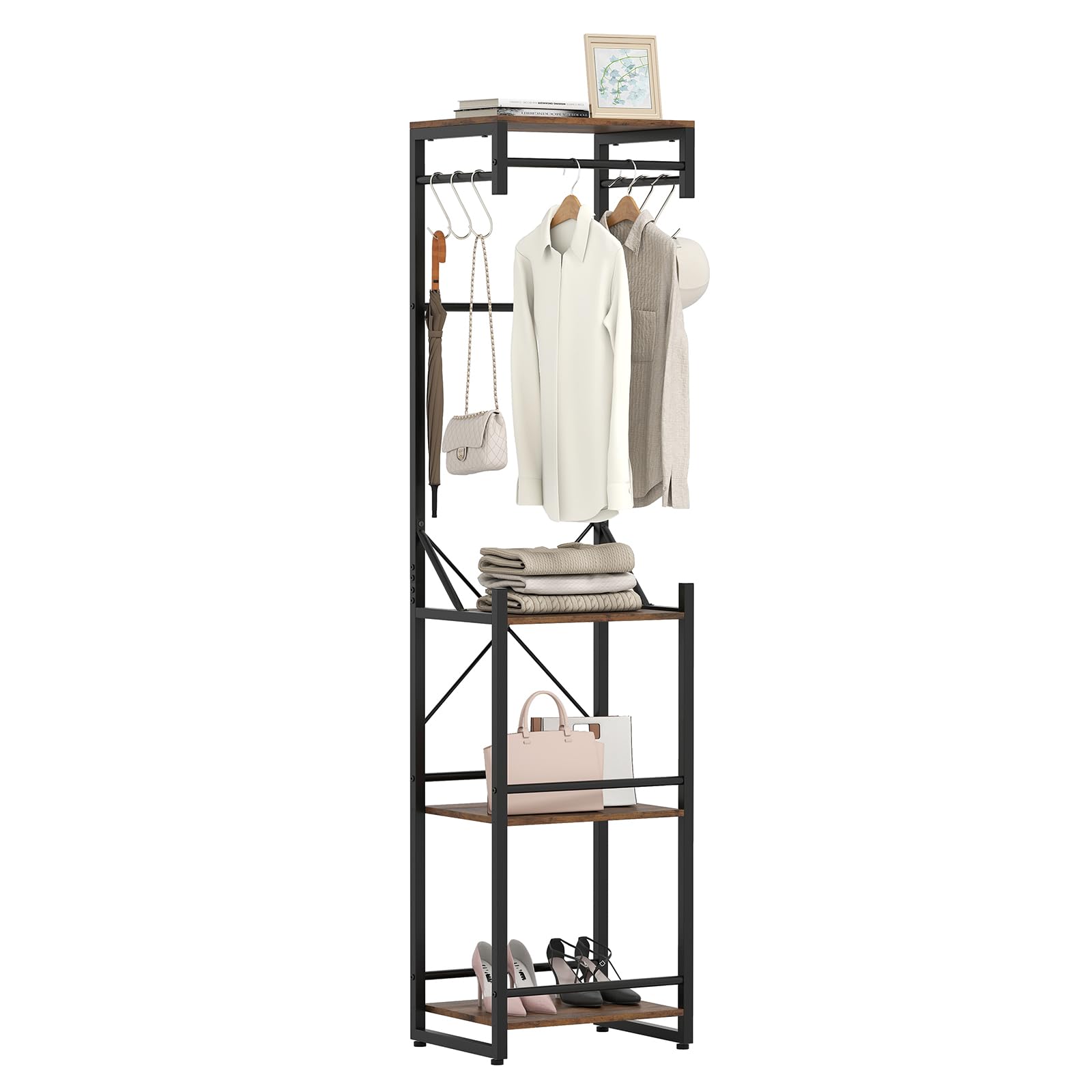 COSTWAY Perchero Burro Ropa, Perchero de Pie, 4 Estantes de Almacenamiento, 6 Ganchos y 3 Barras para Colgar, Colgador Ropa Entrada Pasillo Dormitorio, 40 x 30 x 162 cm, Industrial