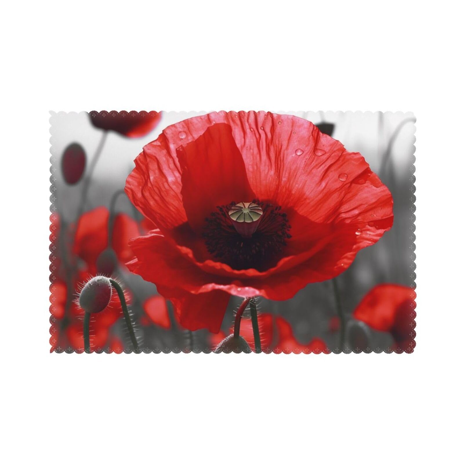 Red Poppy Flower Printed Placemats Set (45x30 CM, 6-Piece) - Heat-Resistant Place Mats Washable Table Mats for Dining Table Kitchen Parties