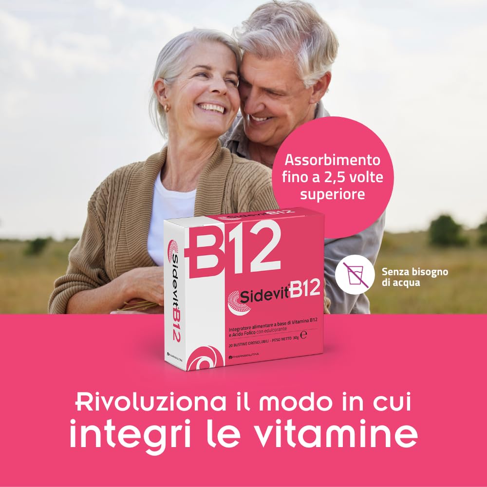 Sidevit® B12 Integratore alimentare con Tecnologia Sucrosomiale®, Alta Concentrazione, Supporto Stanchezza e Sistema nervoso, Per chi ha una alimentazione Vegana, 20 Bustine orosolubili, Pharmanutra