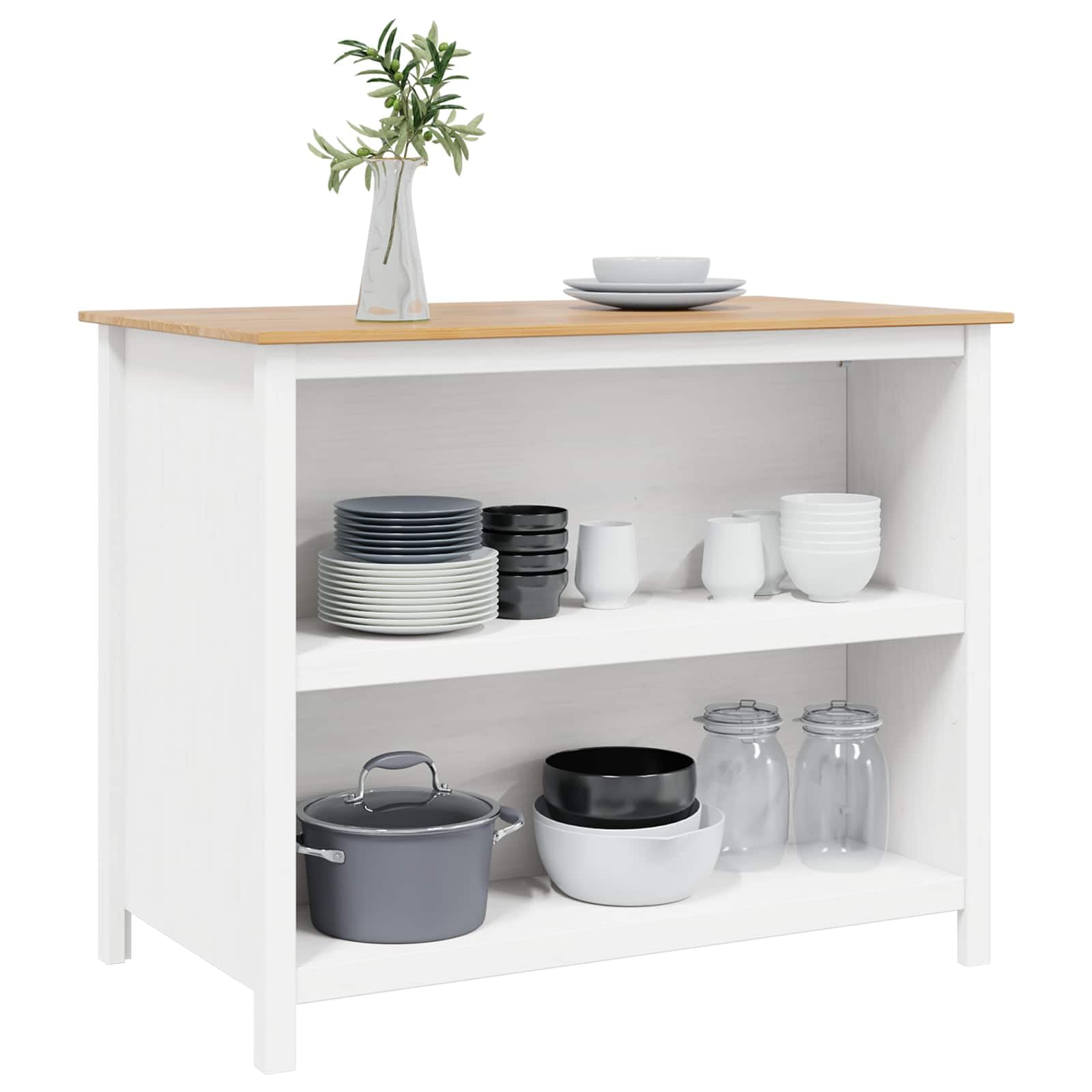 Îlot de cuisine Hill, blanc, 112 x 66 x 90 cm, en pin massif, pour un travail de cuisine fonctionnel, des surfaces de cuisson créatives et un design élégant de salle à manger, idéal pour