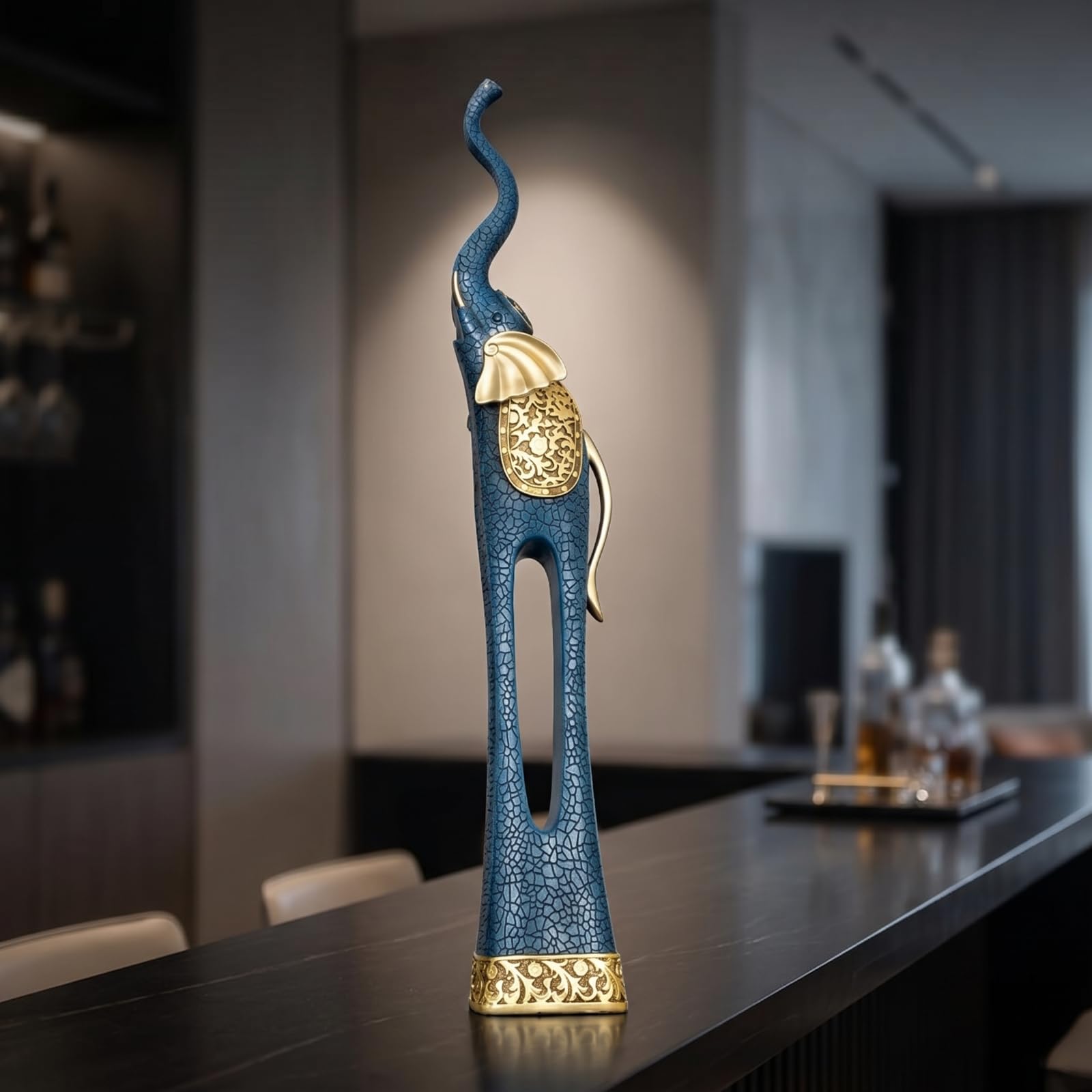 Figura de Estatua Escultura Adorno Decoración en Resina Natural con Patrón Tallado y Brillantes en Cabeza y Orejas Diseño con Hueco Ovalado Adecuada, Model A Blue