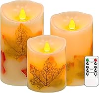 Vista 1 de Velas sin llama, juego de 3 velas LED parpadeantes de hoja de arce con control remoto y temporizador, velas LED regulables que funcionan
