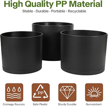 10/9/8 Inch Modern Cylinder Planter, Plant Pots for Indoor Outdoor Plants, Flower Pots with Drainage Holes and Saucers for Garden Succulent Nursery House Plants (Black)