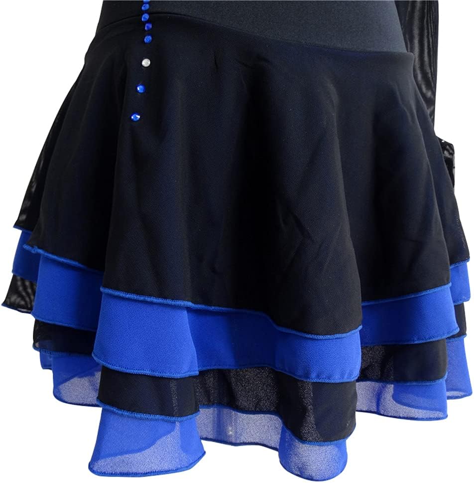 Ice Skating Dress Girls Women Black Blue 4 Layers Skirt Competition Skating