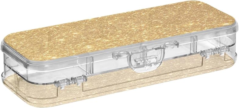 Gold Glitter Texture Pencil Case with Double Layers, Clear Plastic Stationery Organizer Box with 4 Removable Ruler Dividers for Students, School & Office Supplies