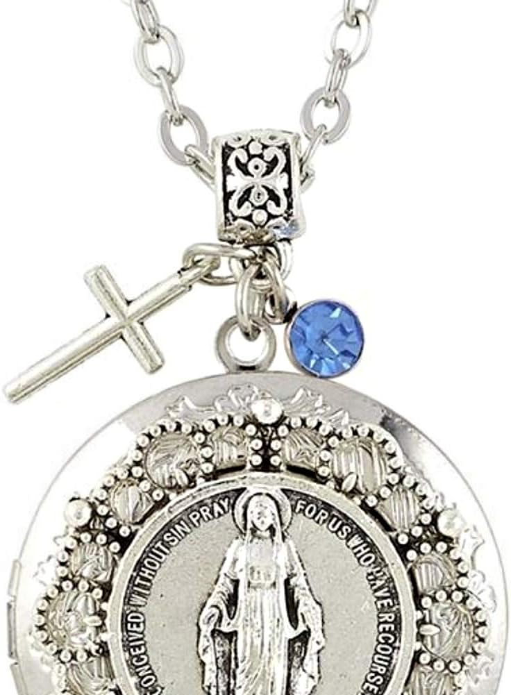 Needzo Silver Tone Miraculous Medal Virgin Mary Devotional Locket Necklace with Crucifix Charm, 24 Inch