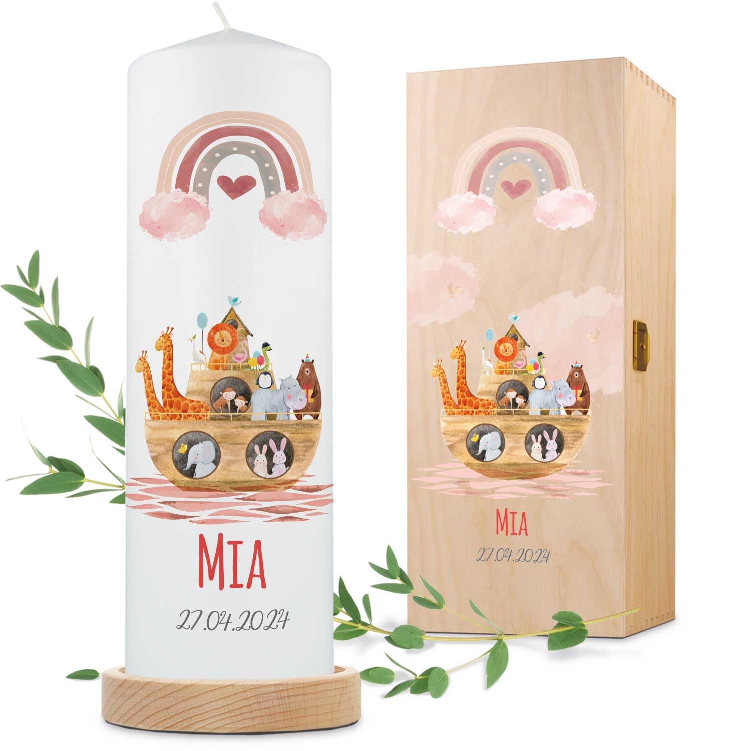 GRAVURZEILE Bedruckte Kerze - Taufkerze Arche Regenbogen - brilliant bedruckte Kerze zur Taufe - Personalisiertes Taufgeschenk für Mädchen & Jungen - Hochwertige Stumpenkerze 250/80 mm - Farbe: Rosa