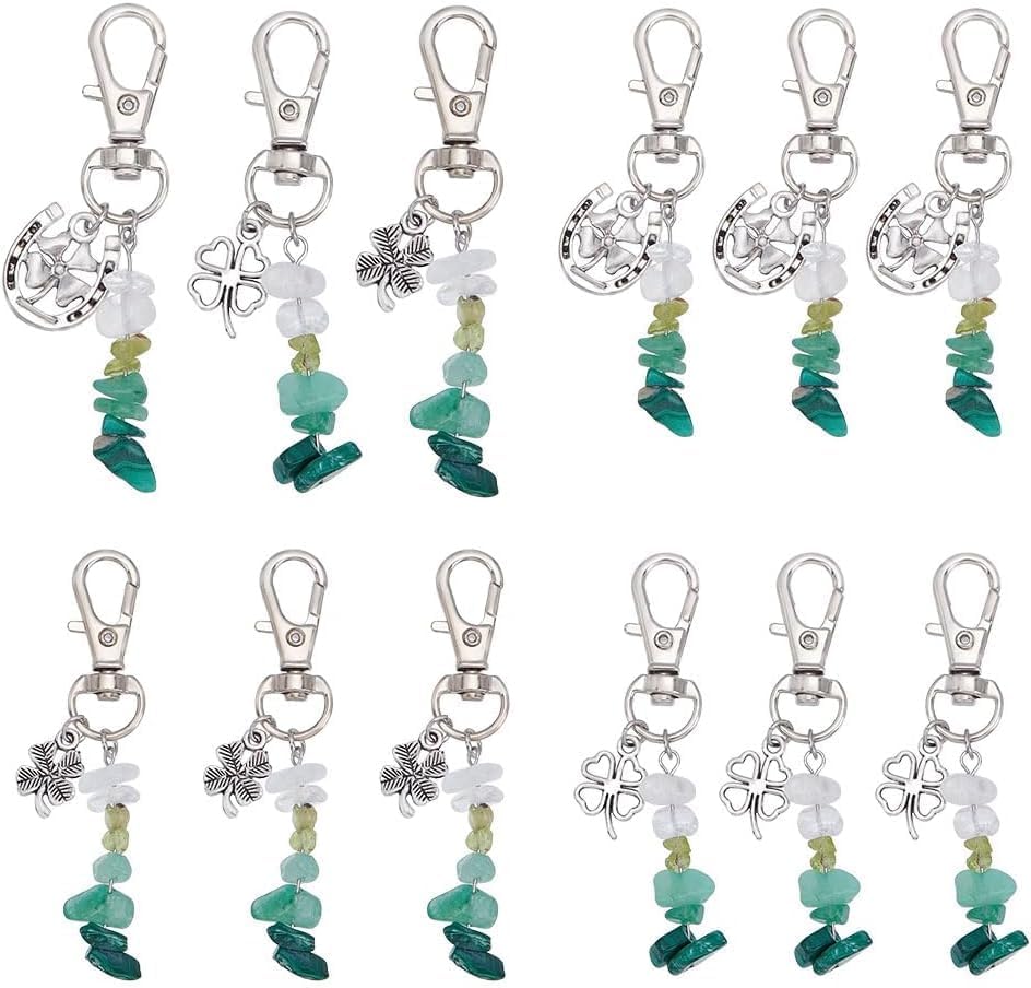 12 Pcs 3 Styles Four-leaf Clover Keychains, Natural Gemstone Crystal Stone DIY Keychains Pendants with Swivel Clasps for St. Patrick's Day and Car Key Bag Decoration
