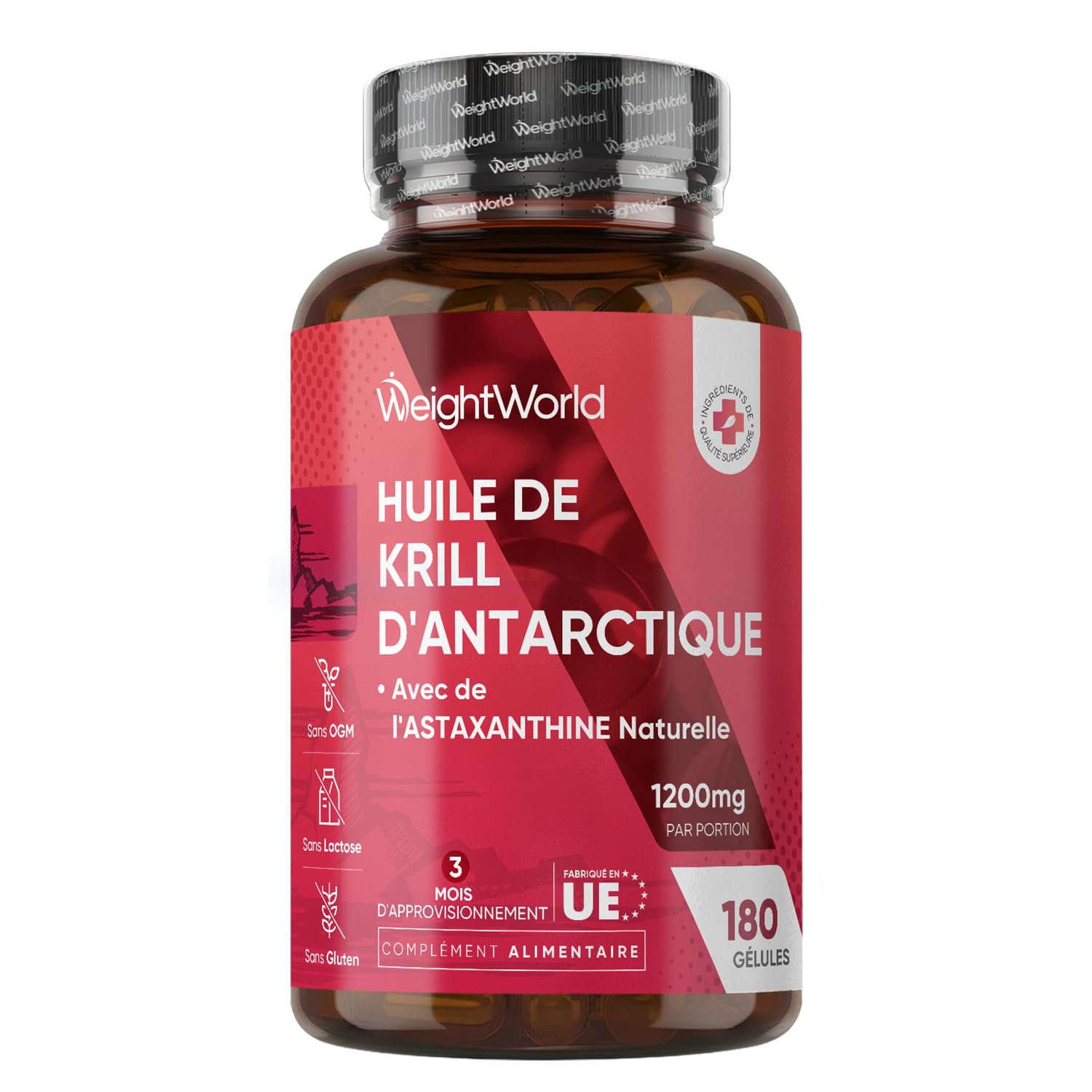 Huile de Krill d'Antarctique 1200mg Oméga 3 DHA EPA - 180 Gélules