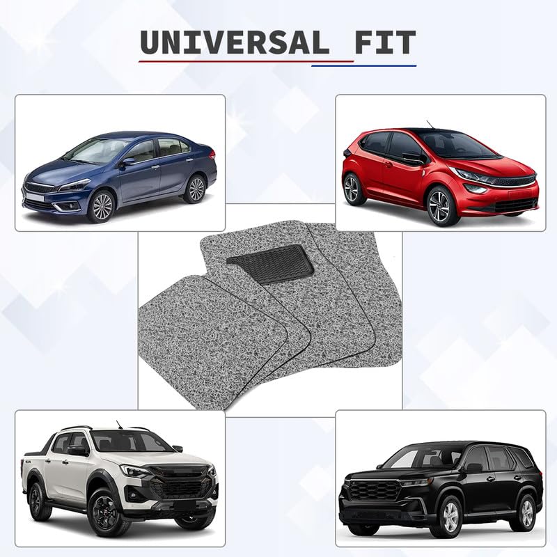 Image of Universal Fit Car Floor Mat with Comfortable Heal Pad | Vinyl Curly /Noodle Mats | Anti-Skid, Waterproof, Dust & Liquid Trapping | Universal Car Foot Mat for All Cars (Black Grey, 5 Pcs)