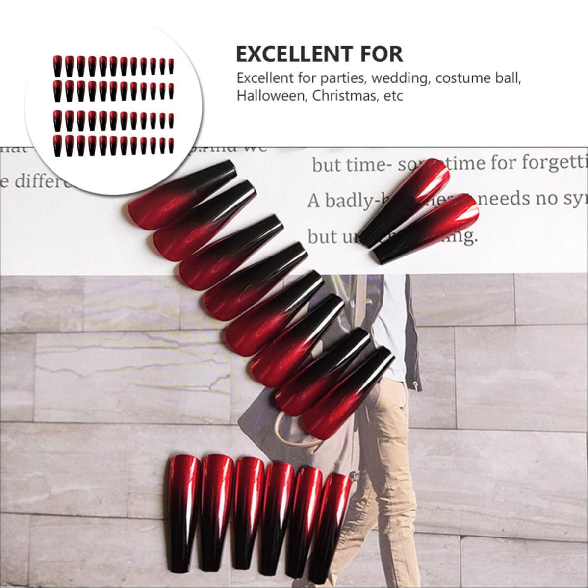 2 Boxes 48pcs Full Cover Ballerina Fake Nail Tips Glossy Plastic False Nails for Halloween and Parties, Long Length, Fashionable and Charming Style