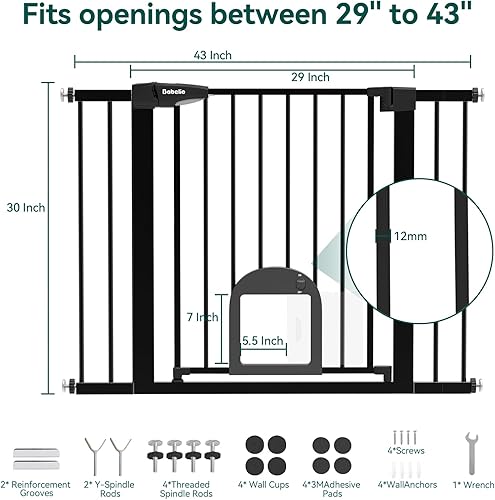 Miniatura 7 de Babelio Puerta de bebé mejorada con puerta para gatos, puerta duradera de 29-43 pulgadas para perros, para escaleras, puertas y casa, puerta de