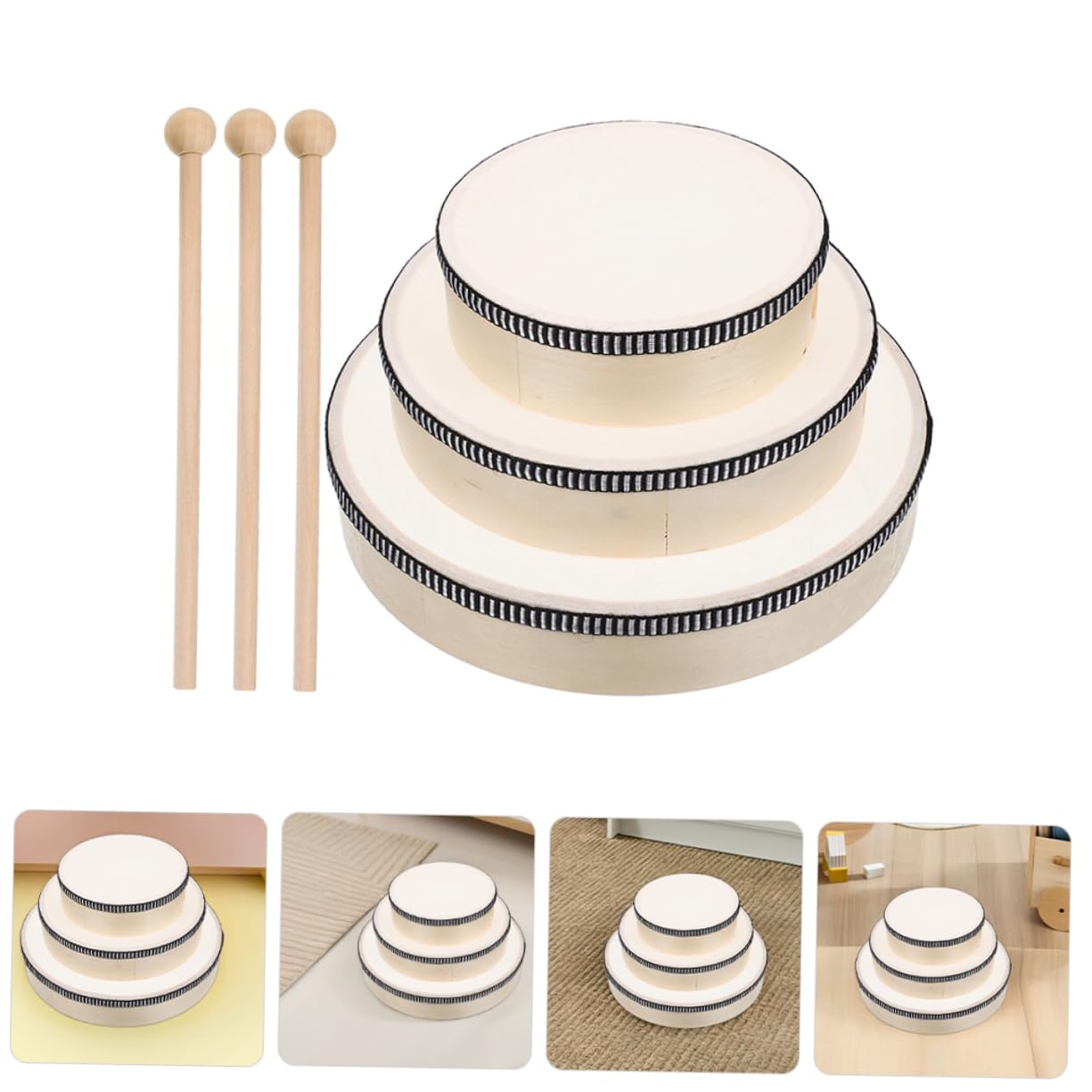Toddmomy 6stücke Holzrahmentrommel Handtrommel Kinderinstrumente mit Schlägeln für Musik Früherziehung Tamburine Percussion Orff Holztrommelset für Partys