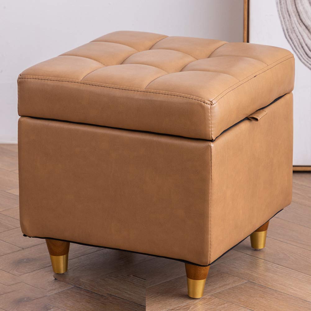 LMMIAOZ Modern Leather Storage Footstool for Living Room Bedroom Square Footrest with Solid Wood Legs Load Bearing and Wear Resistant Orange 15.74IN Height