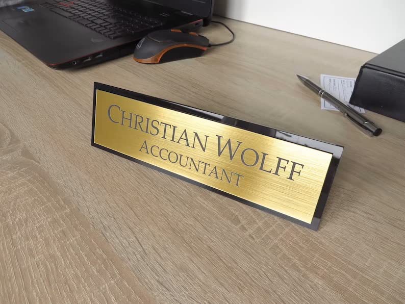 SIGNOOGLE® Name Plates For Customized Home Table Top Laminated Name Board House (Black & Gold)(30.00 X 10.00 cm)
