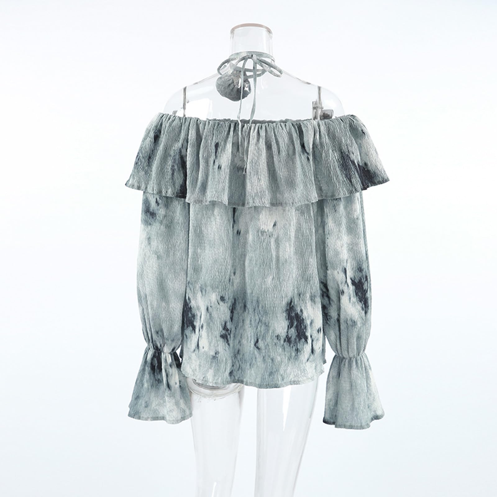 Damskie seksowne topy z odkrytymi ramionami Tie-Dye 3D Kwiaty z długim rękawem Falbana Wiosna Jesień Koszula Bluzka