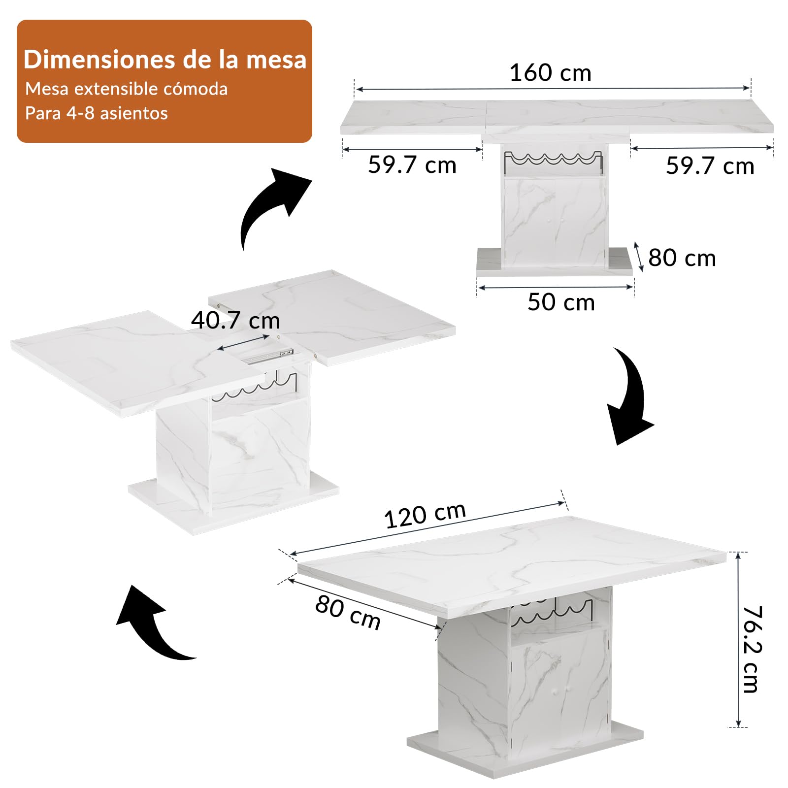 Mesa de Comedor Extensible, Mesa Rectangular,Blanca Efecto mármol, con Estante para vinos y Armario, 120 (160) x 80 x 76 cm, para 4-8 Personas