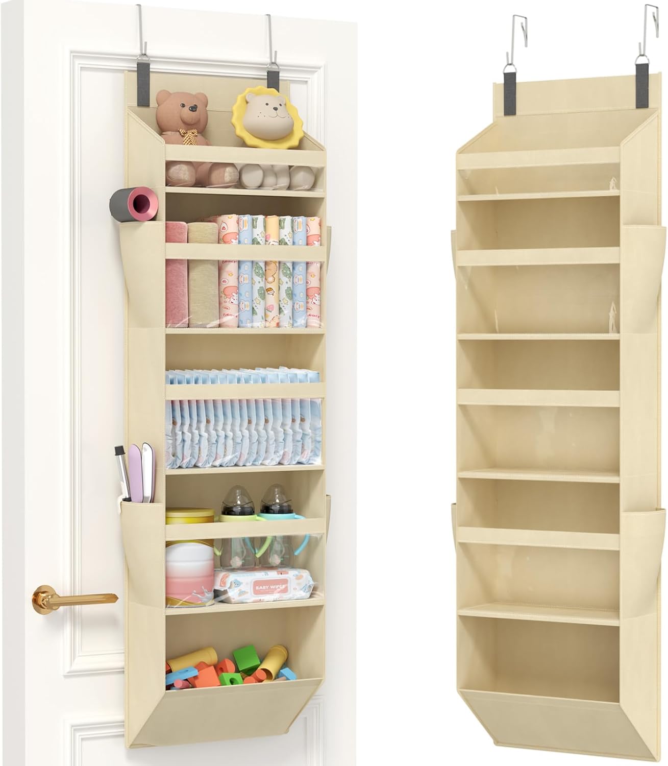 Lifewit Over the Door Storage, Clear Hanging Organiser with 4 Side Pockets, Anti Tilt 40 lbs Load Behind Door for Dorm, University Essentials, Room, Bedroom, Nursery, Beige, 5 Shelf, 1 Pack