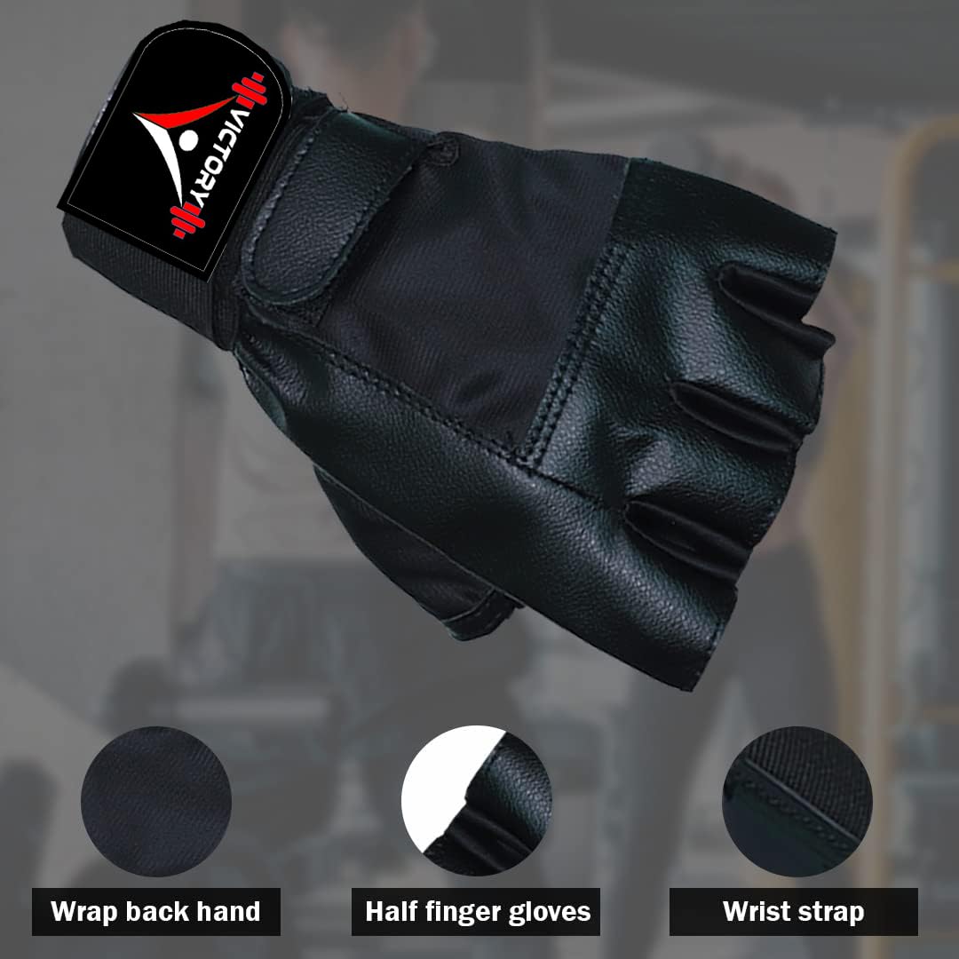 VICTORY Gym Gloves for Men & Women, Weight Lifting Gloves for Gym Workout, Training and Exercise with Pullers, Sport Glove, Fitness Gloves, Hand Gloves - Free Size, Black 1