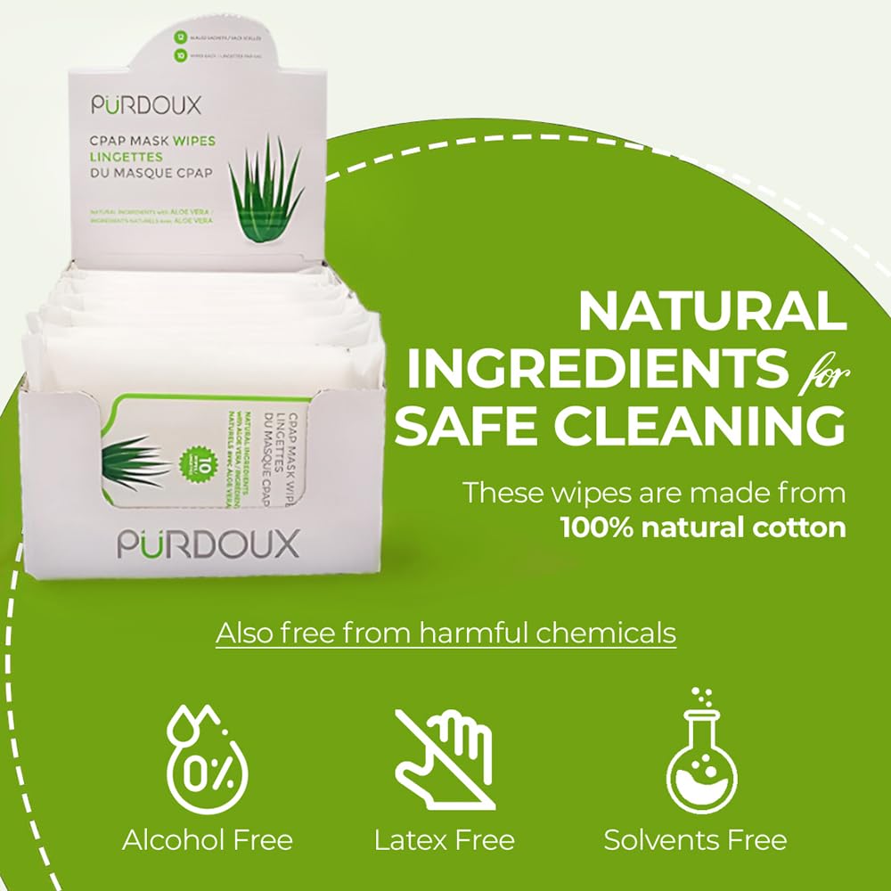 PÜRDOUX CPAP Maske Wipes, Aloe Vera (Box von insgesamt 120 Feuchttüchern in 12 wiederverschließbaren Beuteln, 10 Wischtücher pro Beutel)