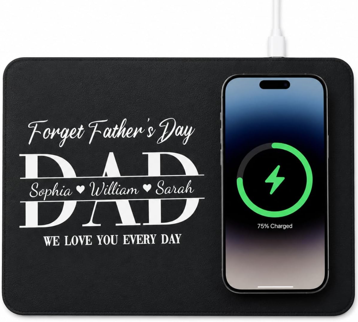 Dad Forget Father's Day We Love You Everyday - Personalized Leather Charging Mat, from Daughter, Dad Sketch Line Art Photo Mat, Desk Pad with Kids Names, Grandpa