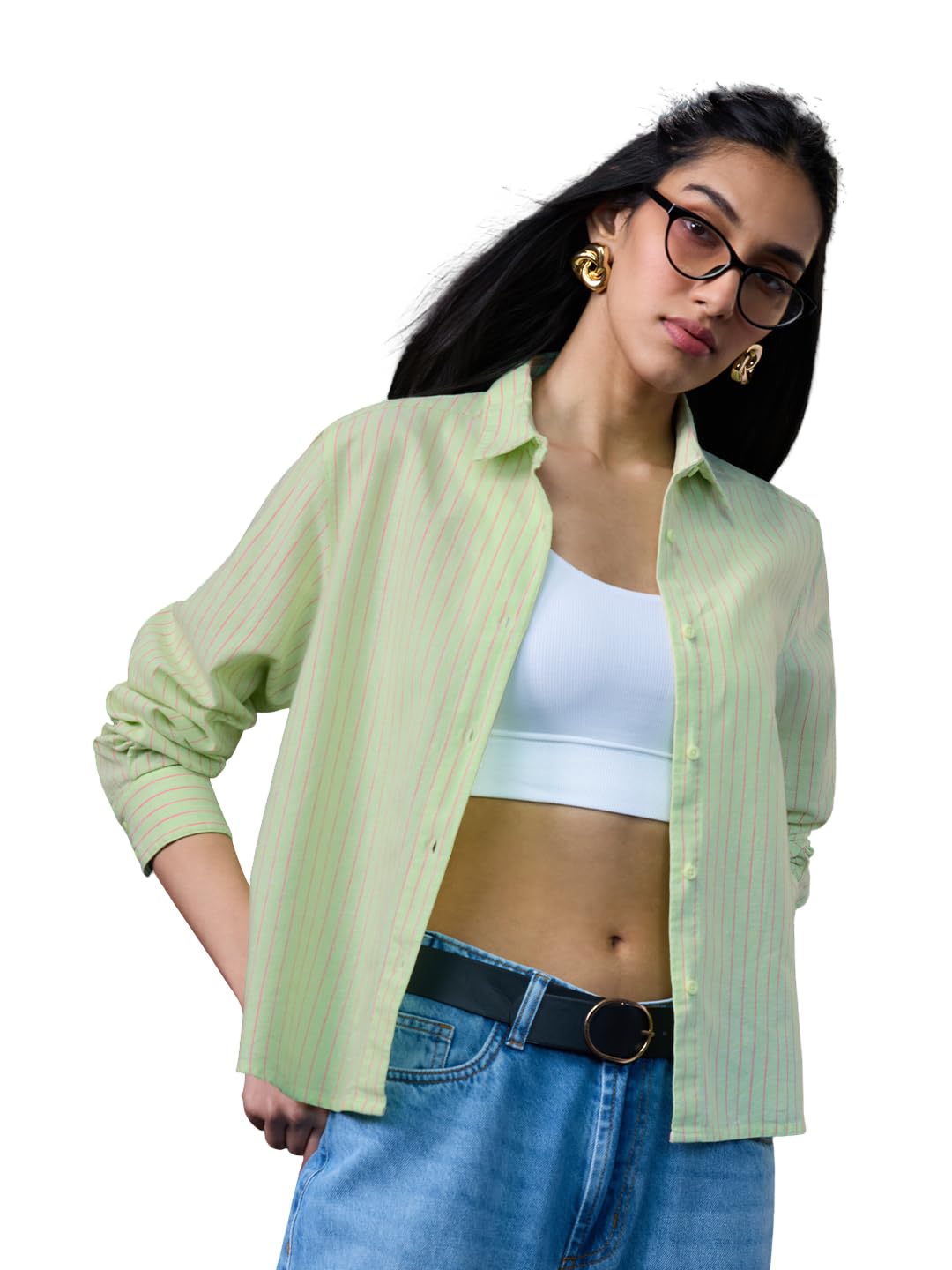 the souled store Cotton Linen: High Tide Women and Girls Full Sleeves Spread Collar Light Blue Striped Cotton Linen Blend Regular Fit Lightweight All-Season Shirt-picture-32