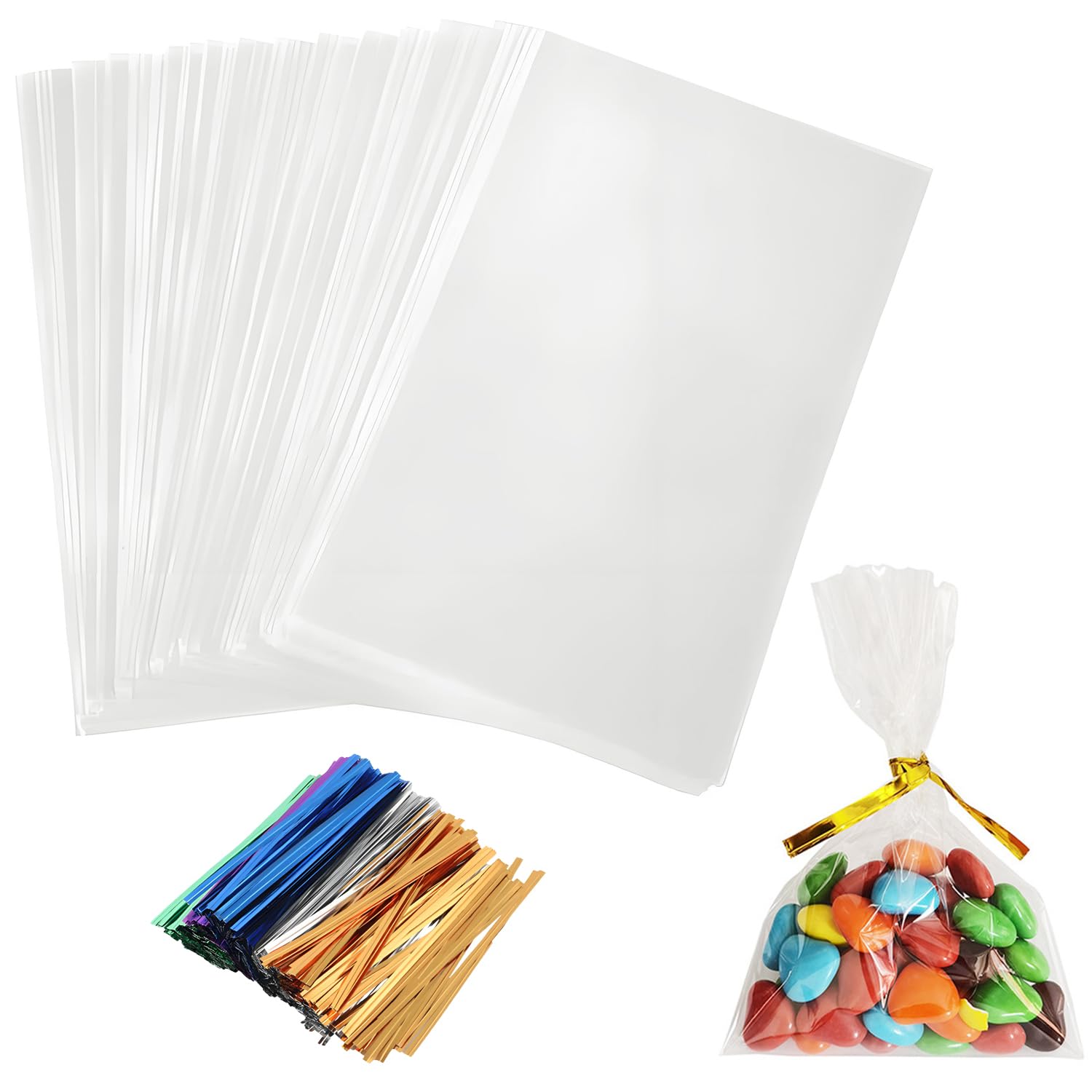 100 Bolsas De Celofán, 10 x 16 cm,Bolsas Transparentes Para Regalos, Bolsas Transparentes con 100 Cintas Metálicas Para Caramelos, Galletas, Pan, Frutas, Etc
