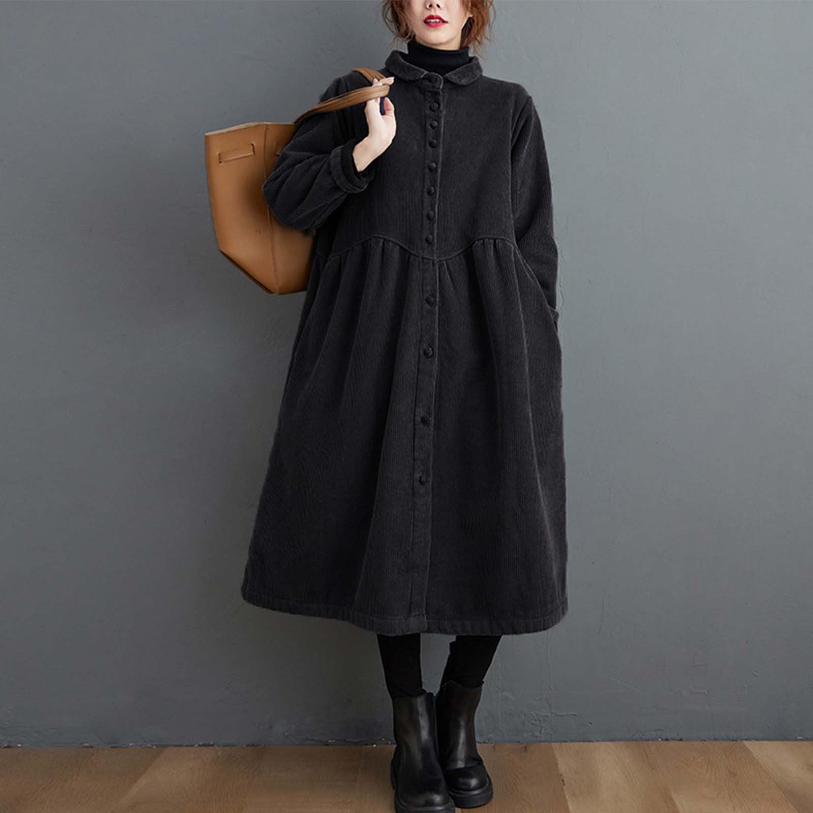 Chaqueta larga de pana para mujer, gabardina de forro polar, cálida y resistente al viento, camisa de vestir con vuelo, ropa de abrigo vintage, elegante abrigo casual suelto con bolsillos, abrigo de