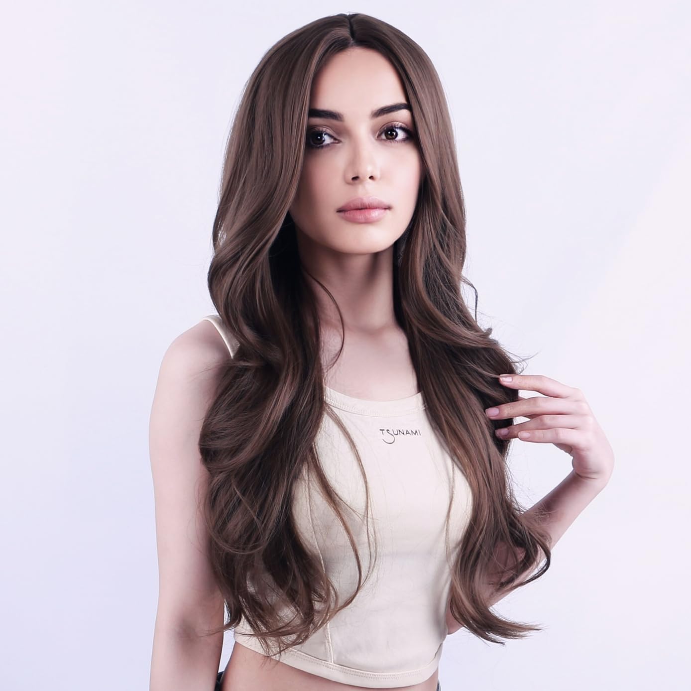 Akashkrishna Long Hair Wig For Women Centre Part Natural Looking Chocolate Brown Synthetic Heat Resistant Fiber Wigs for Cosplay Daily Use 26 Inch brown Includes Wigcap