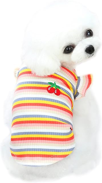 YAODHAOD Striped Dog Shirt, Cotton Striped Dog Clothes, Shoulder Ruffle Design, Basic Casual Clothes for Medium and Small Medium Sized Boys and Girls Dogs (Small, orange)
