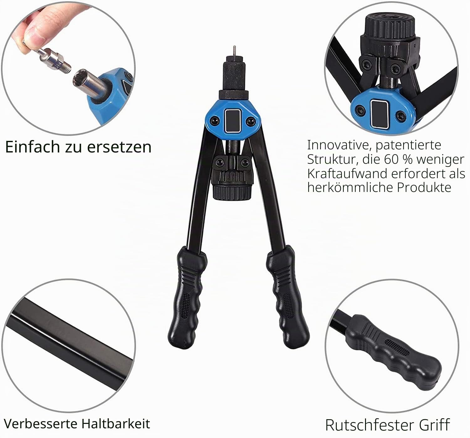 Handnietwerkzeugsatz, 33 cm lange Griffe mit 7 metrischen Dornen und 110 Nietmuttern von M3 bis M12