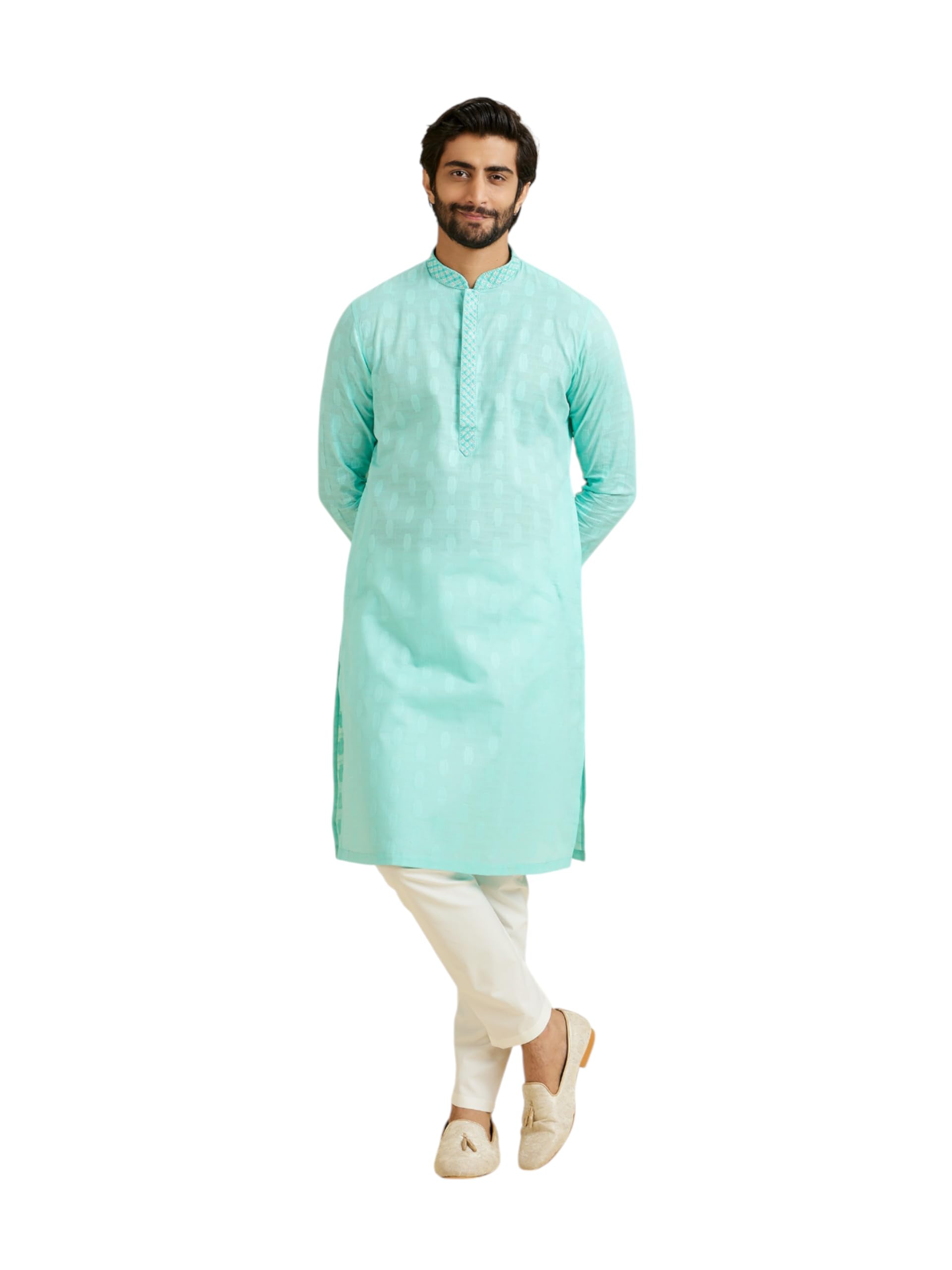 manyavar Men's Cotton Neck Embroidery Kurta Pyjama Set (2pcs)-picture-6