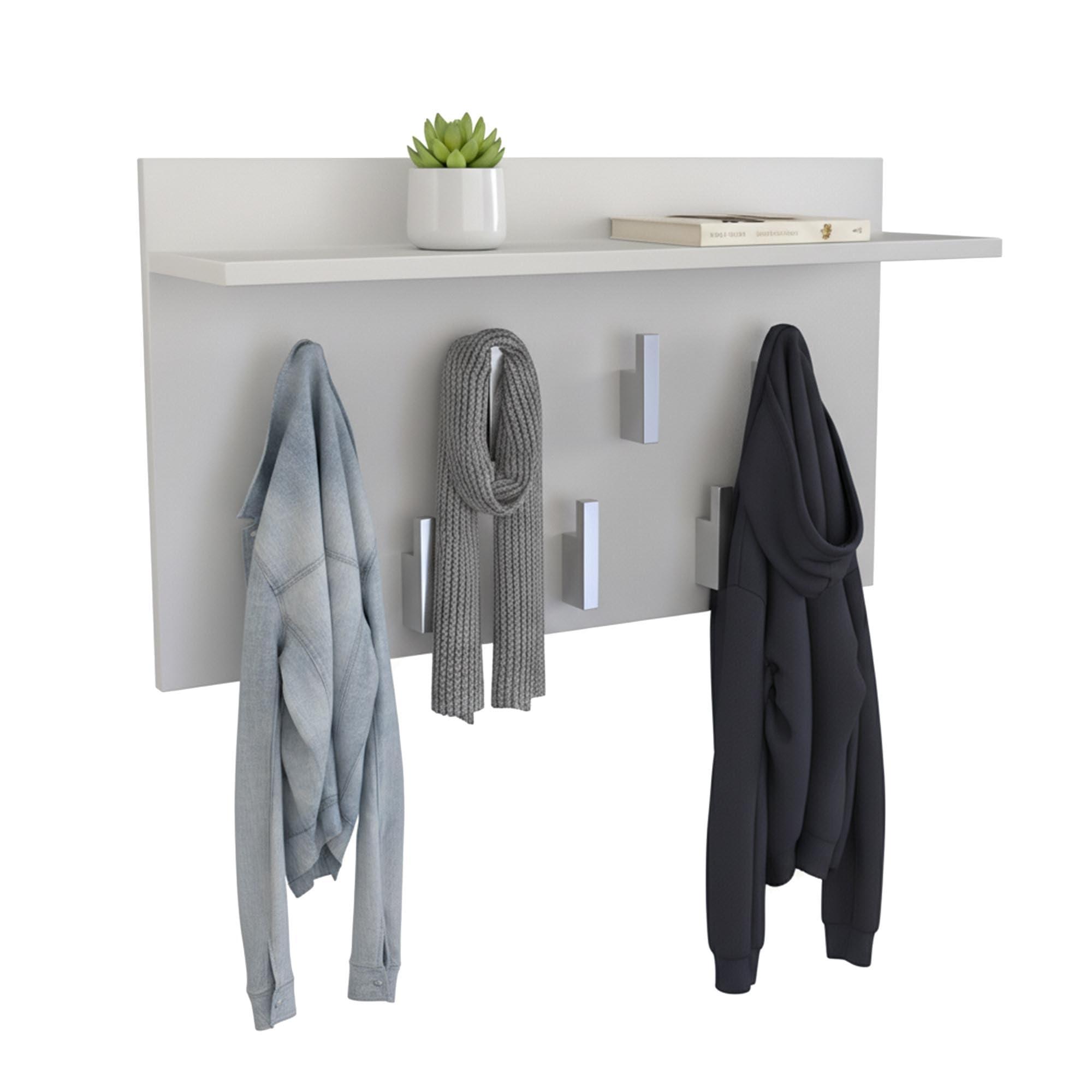 CDF Appendiabiti a Parete con Mensola Pannello Guardaroba da Muro con 7 Ganci per Ingresso Corridoio Ufficio Design Moderno Salvaspazio 70 x 20 x 40 cm - Bianco