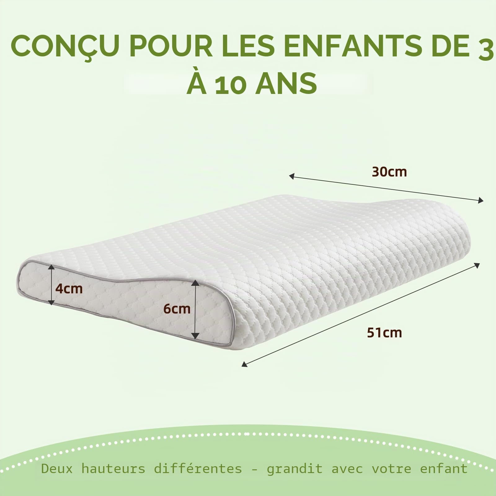 Coussin ergonomique en mousse à mémoire de forme pour enfant de 3 à 10 ans - Avec housse en coton Öko-Tex - 30 x 51 x 4/6 cm - 2 hauteurs différentes