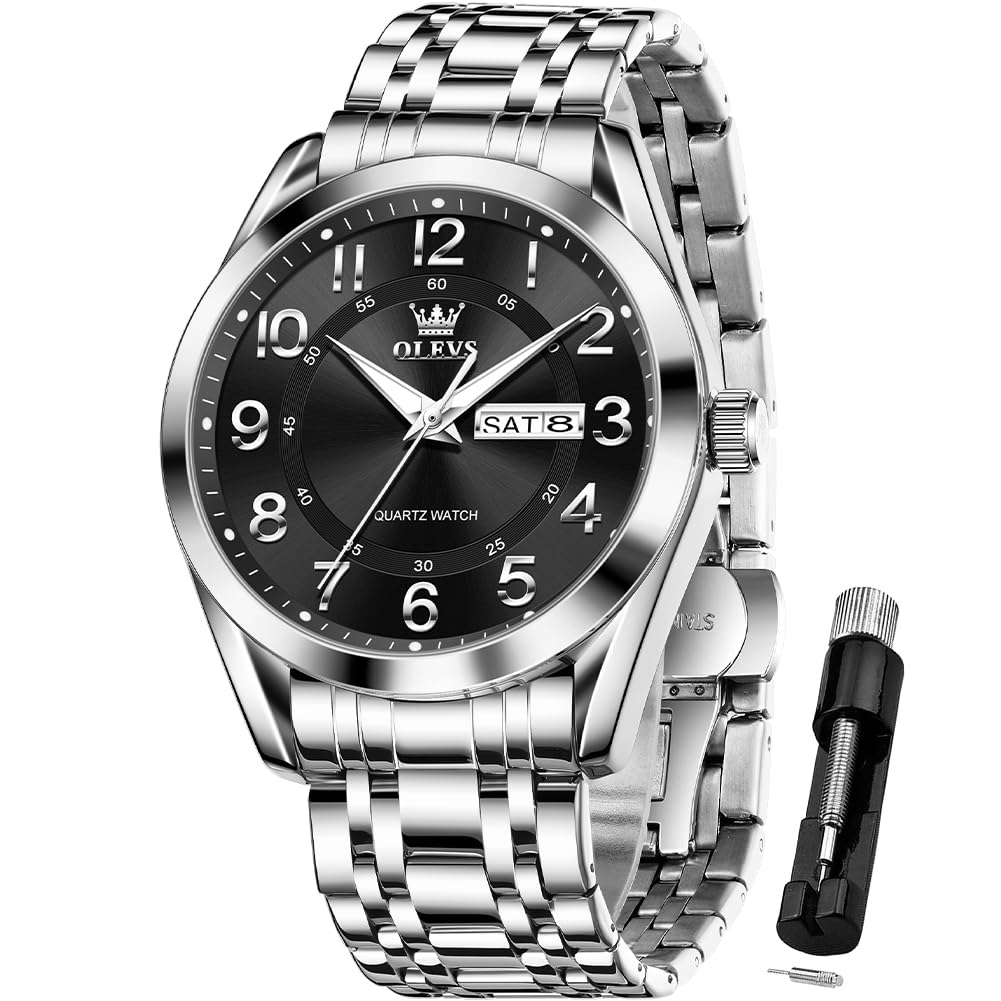 OLEVS Mens Watches Business Large Numer Easy to Read Quartz Watch Stainless Steel Waterproof Luminous Date Casual Male Watch