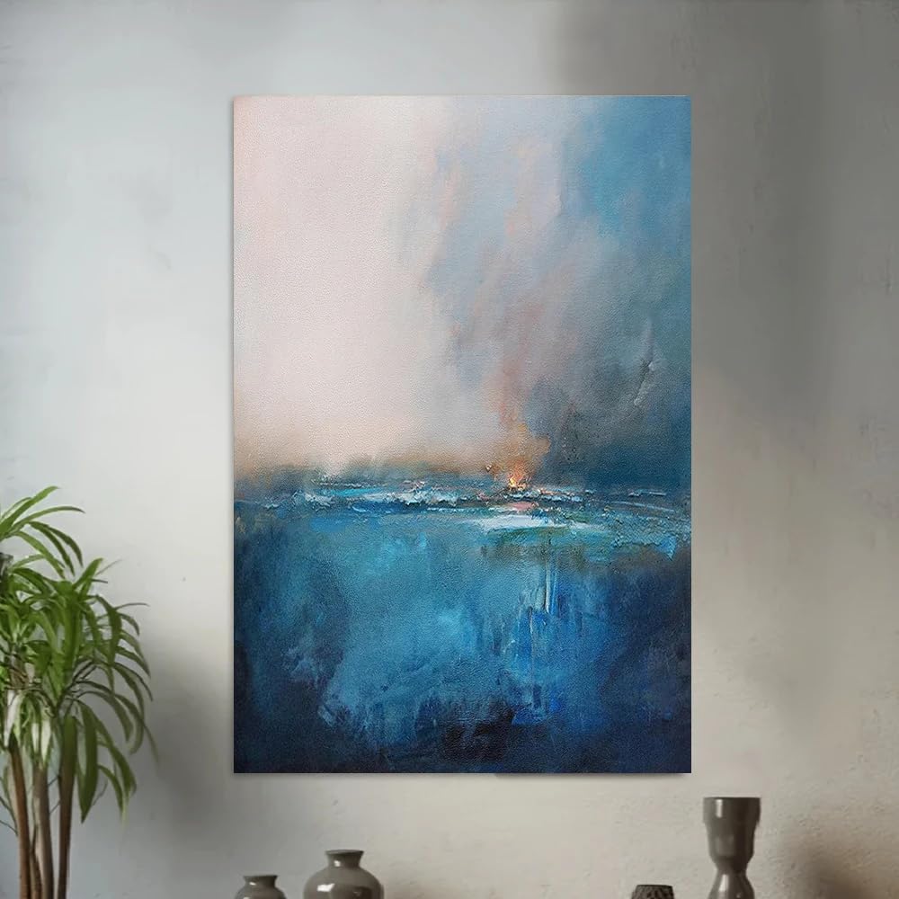 GKUVBF Quadro astratto con paesaggio marino su tela - Elegante blu grigio, moderno arredamento nordico, stampa su tela rustica per pareti (40x60 cm/cornice interna)