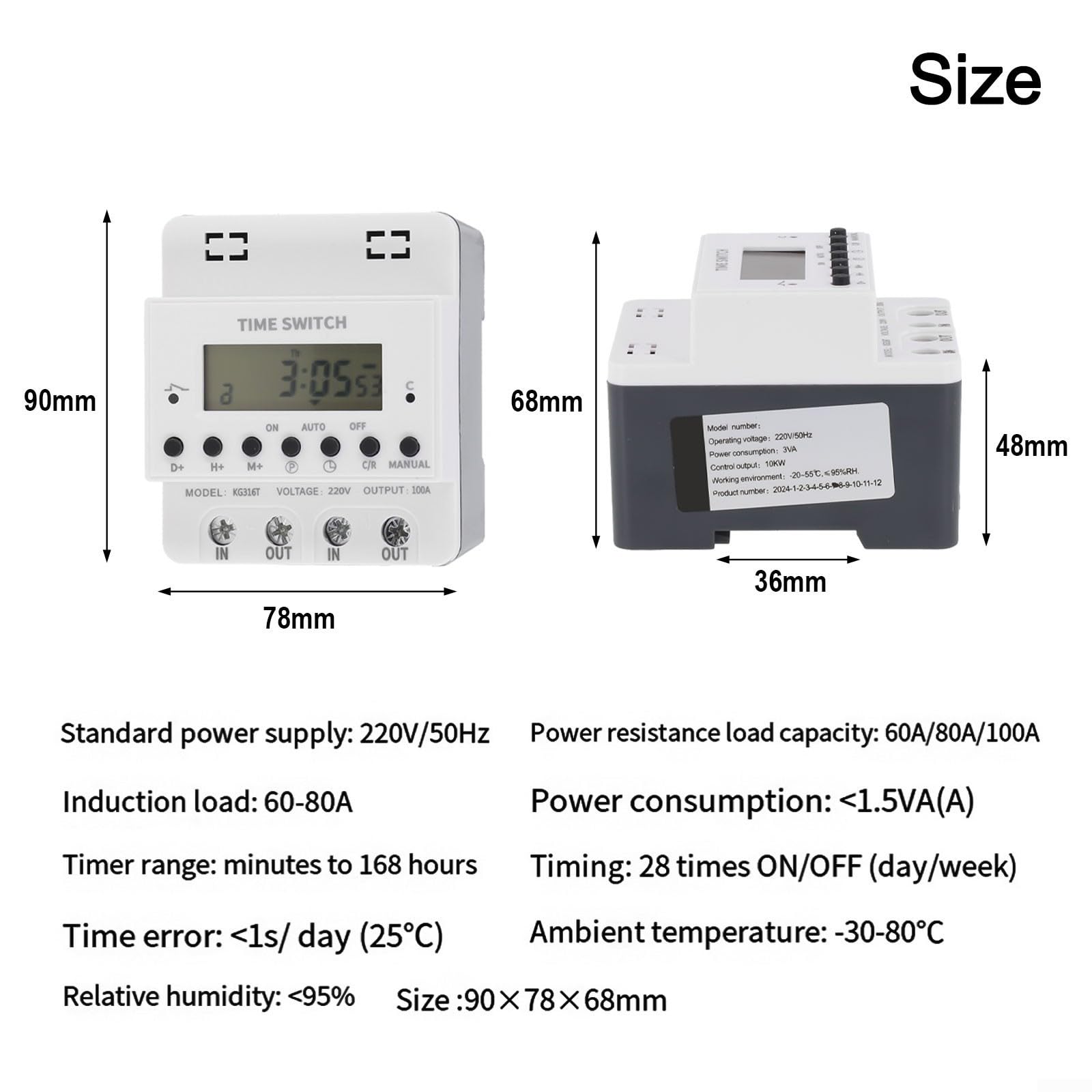 Relé de temporizador inteligente KG316T, temporizador digital, interruptor AC220 V, 60 A-100 A, programable con pantalla LCD para montaje en pared y carril, 28 tiempos de ajuste (100 A)