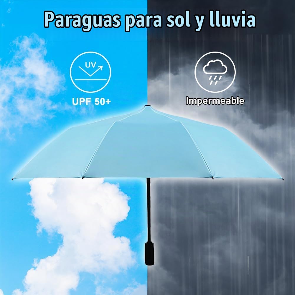 WOOLALA Paraguas UV para sol y lluvia con ventilador de refrigeración integrado, diseño plegable portátil, protección UPF 50+, recargable por USB para juegos deportivos, parques temáticos en días