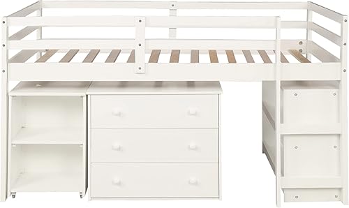 Miniatura 4 de NCKMYB Base de cama baja de madera con escritorio portátil rodante cama loft individual con armario abierto y cajones cama baja con estante para