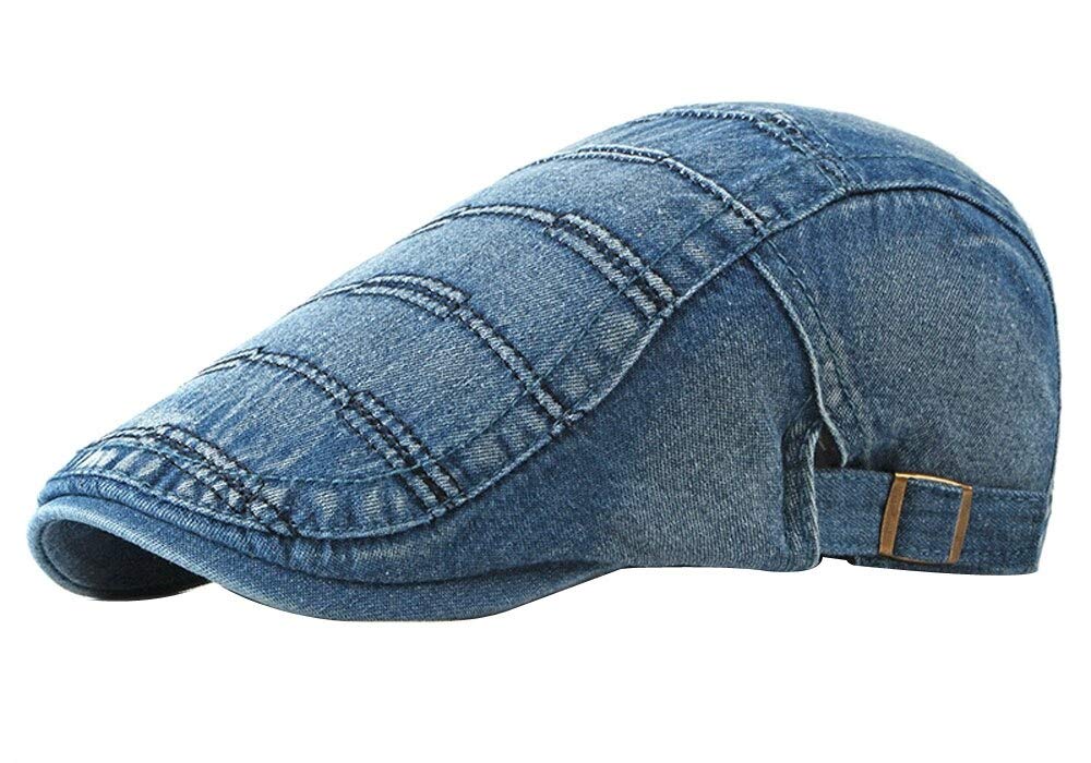 Kangqifen Mens Womens Flat Cap Washed Denim Short Brim Casual Newsboy Cap (Blue)
