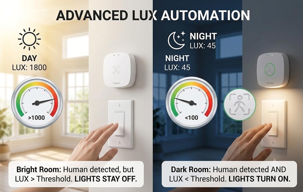 Smart Human Presence Sensor - 24GHz mmWave Radar Micro-Movement Detection, 0-2000 Lux Light Sensor, Home Assistant Compatible, Tuya Zigbee 3.0 Hub Required