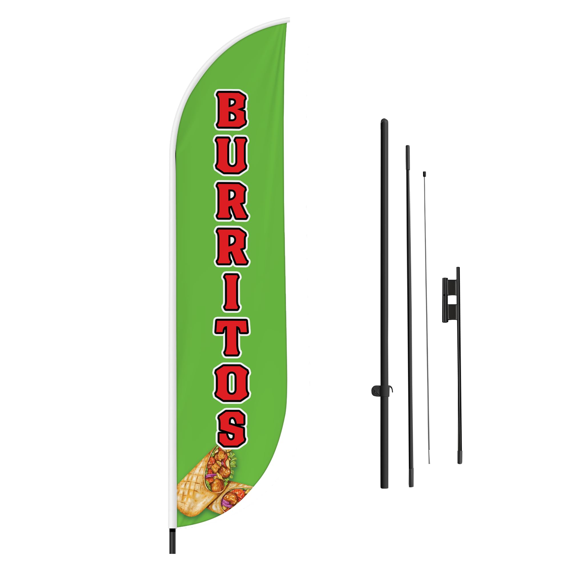 Burritos Feather Flag(11.5feetX2.5feet) by DreamController | Outdoor Business Advertising Tall Flag | Weather-Resistant Knitted Swooper Flag | Made in