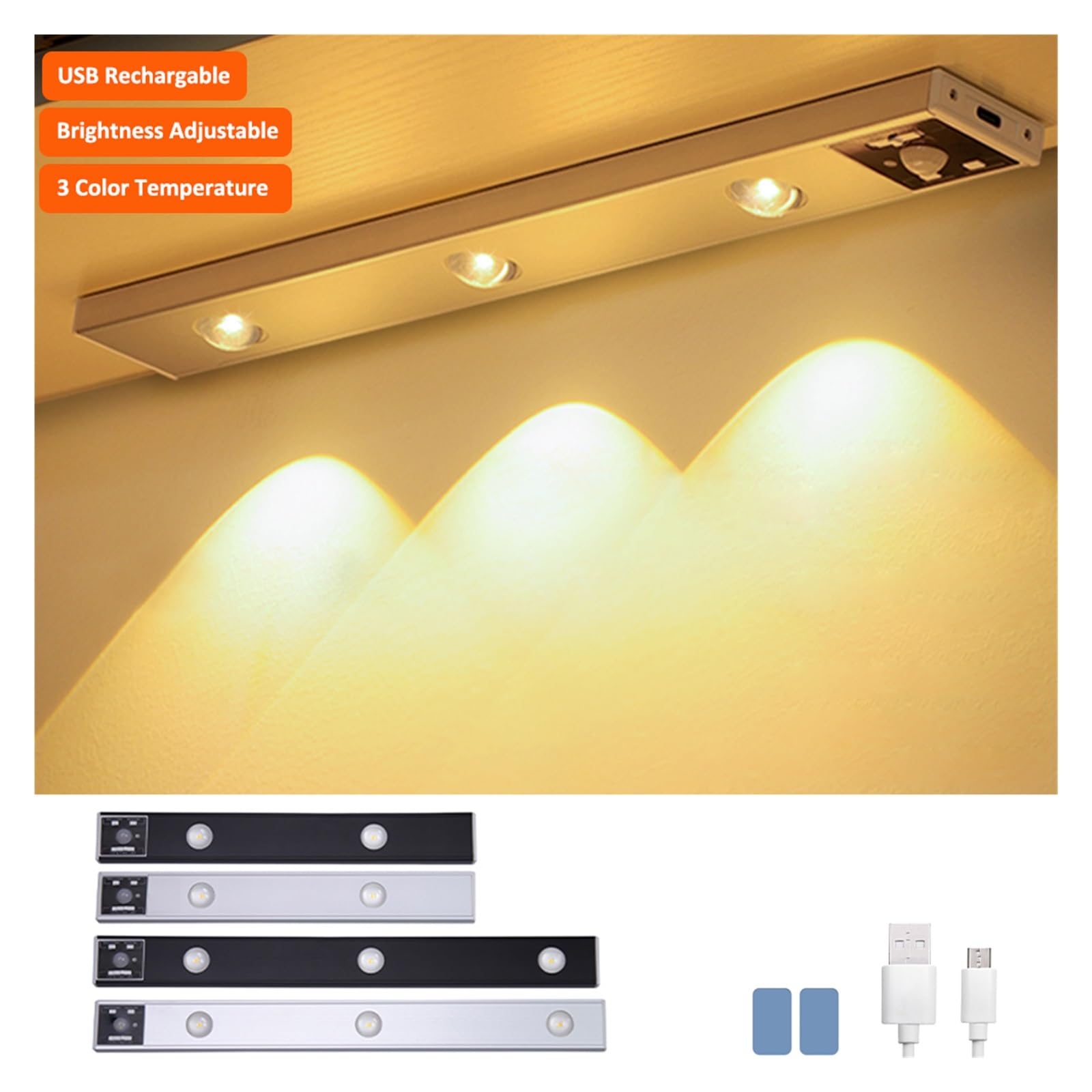 Oświetlenie Pod Szafką Światła Z Czujnikiem Ruchu PIR 3000K 4000K 6000K Lampa Wewnętrzna Kocie Oko Oświetlenie Podszafkowe 30cm 40cm Akumulator Do Szafy Kuchennej(Silver-30cm)