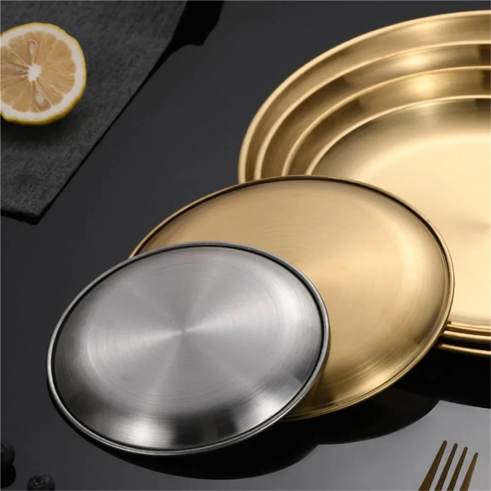 Bandeja de Servicio de Acero Inoxidable 4 Platos Redondos de Acero Inoxidable for escupir Huesos, Bandeja Poco Profunda, Plato Metal for Acampar, Comedor, Picnic, Utensilios Cocina(30cm)