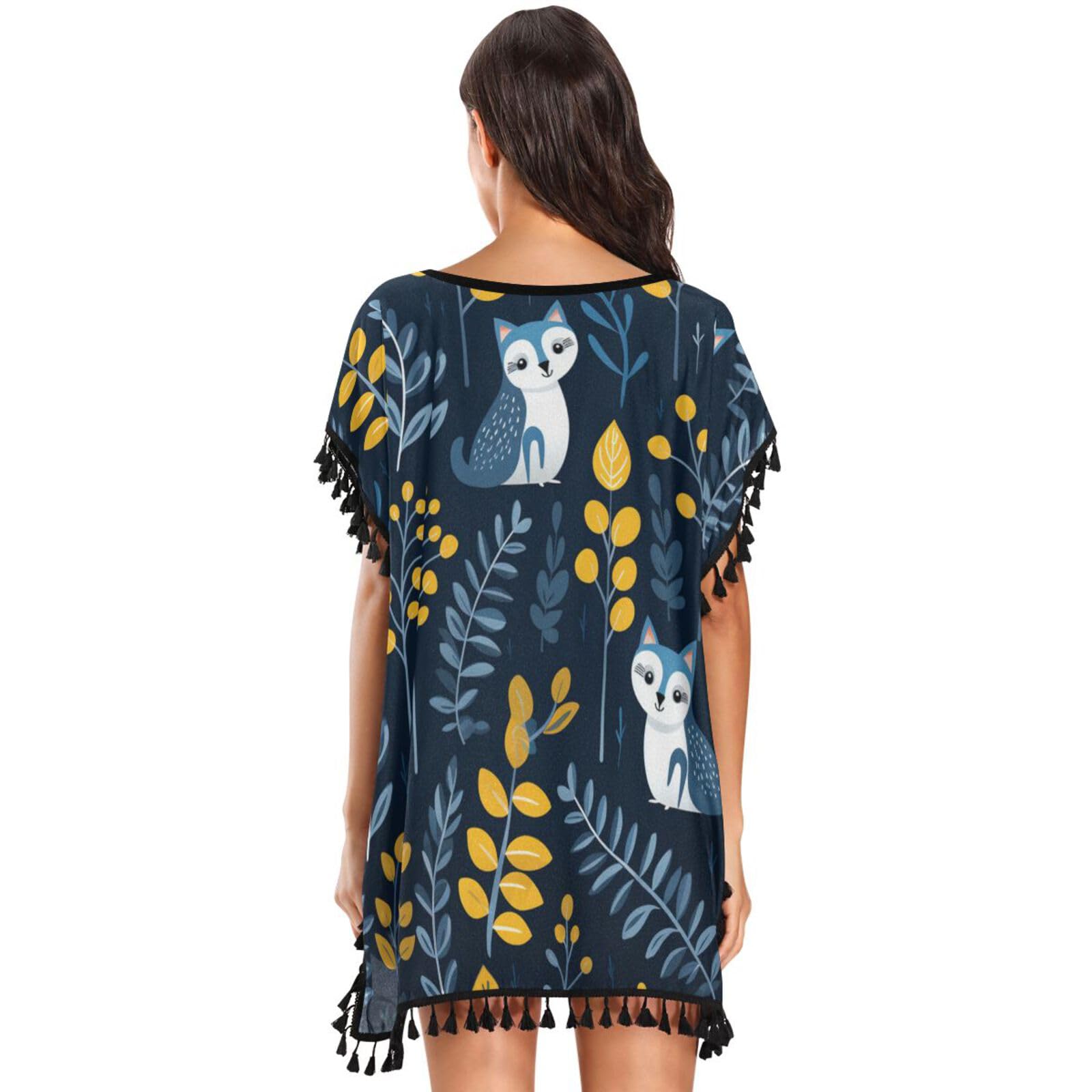 Cute Forest Animal Lemur Women's Beach Cover Up Chiffon Tassel Swimwear Swimsuit Coverups for Girl